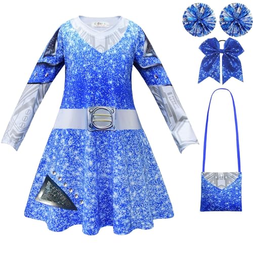 QKNTKF Zombies 3 Kostüm, Zombies Cheerleader Kostüm für Kinder, Addison Alien Cosplay Kleid für Mädchen, Cheerleader-Outfit, Zombie-Schule 3, Cosplay-Kostüm für Halloween-Party (B, 120) von QKNTKF