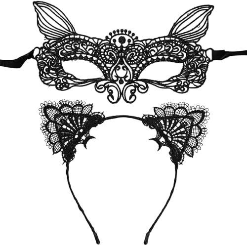 QLHNGUZ Katzenmaske und Katzenohren Stirnband Set - Kostüm Maskerade Masken & Catwoman Zubehör für Make Up Party von QLHNGUZ