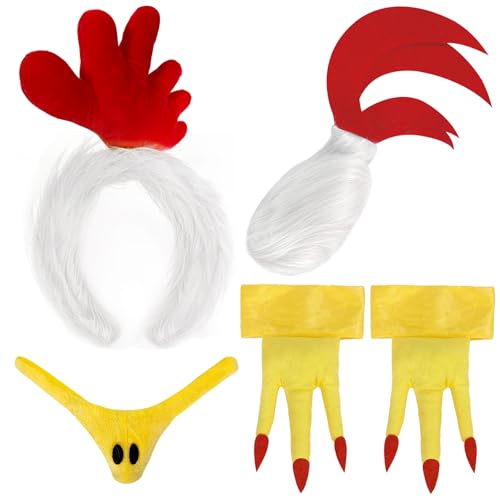 5 Stück Hahn-Kostüm-Zubehör für Erwachsene, Hahn, Huhn, Kamm, Stirnband und Schwanz, Set mit Schwanz, Schnabel, Nase, Füße, Halloween, Party, Kostümzubehör, Gelb 5 Stück Hahn-Kostüm-Zubehör für Erwachsene, Hahn, Huhn, Kamm, Stirnband und Schwanz, Set mit Schwanz, Schnabel, Nase, Füße, Halloween, Party, Kostümzubehör, Gelb von QLINLEAF