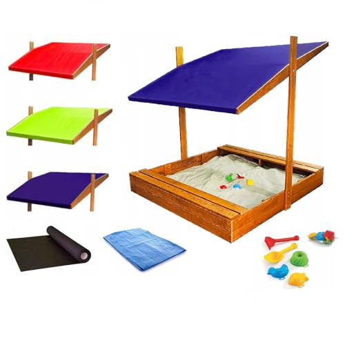 QLS 150 cm großer Holz-Sandkasten mit Dach & Abdeckung – imprägniert & stabil – 4 Farben verfügbar (Dunkelblau) von QLS