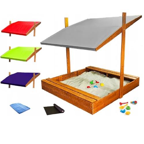 QLS 150 cm großer Holz-Sandkasten mit Dach & Abdeckung – imprägniert & stabil – 4 Farben verfügbar (Grau) von QLS