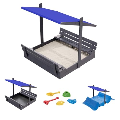 QLS Sandkasten aus Holz 120x120 cm mit Sitzbank Dach und Abdeckung imprägniert für Garten (Blau, 120 cm) von QLS