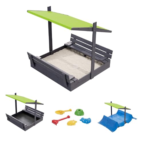 QLS Sandkasten aus Holz 120x120 cm mit Sitzbank Dach und Abdeckung imprägniert für Garten (Grün, 120 cm) von QLS