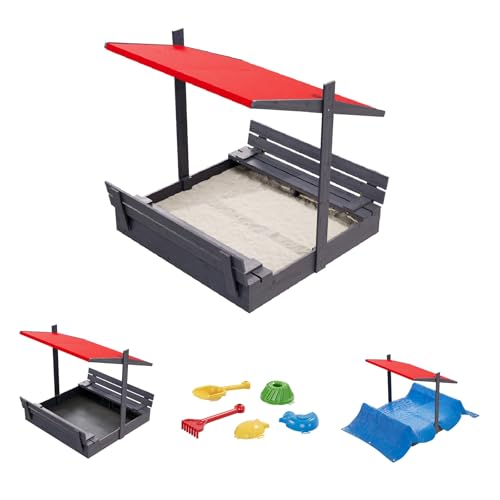 QLS Sandkasten aus Holz 120x120 cm mit Sitzbank Dach und Abdeckung imprägniert für Garten (Rot, 120 cm) von QLS