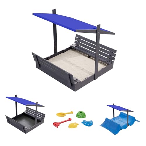 QLS Sandkasten aus Holz 150x150 cm mit Sitzbank Dach und Abdeckung imprägniert für Garten (Blau, 150 cm) von QLS