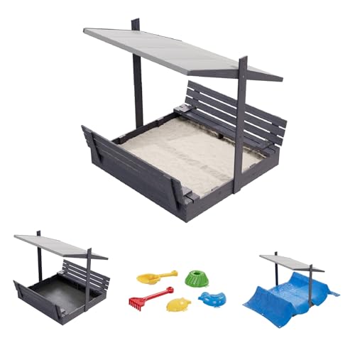 QLS Sandkasten aus Holz 150x150 cm mit Sitzbank Dach und Abdeckung imprägniert für Garten (Grau, 150 cm) von QLS