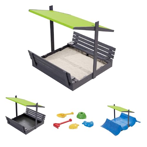 QLS Sandkasten aus Holz 150x150 cm mit Sitzbank Dach und Abdeckung imprägniert für Garten (Grün, 150 cm) von QLS