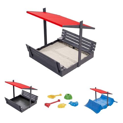 QLS Sandkasten aus Holz 150x150 cm mit Sitzbank Dach und Abdeckung imprägniert für Garten (Rot, 150 cm) von QLS