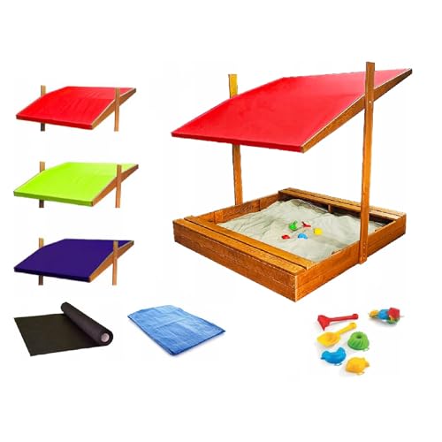 Sandkasten aus Holz mit Dach Abdeckung Imprägniert Sandbox Kinder 120 cm (Rot) von QLS