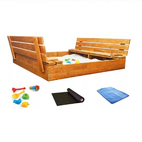 Sandkasten aus Holz mit Sitzbank Abdeckung Imprägniert Sandbox 120 cm von QLS