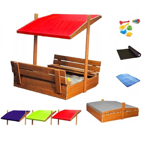 Sandkasten aus Holz mit Sitzbank Dach Abdeckung Imprägniert Sandbox (Rot) von QLS
