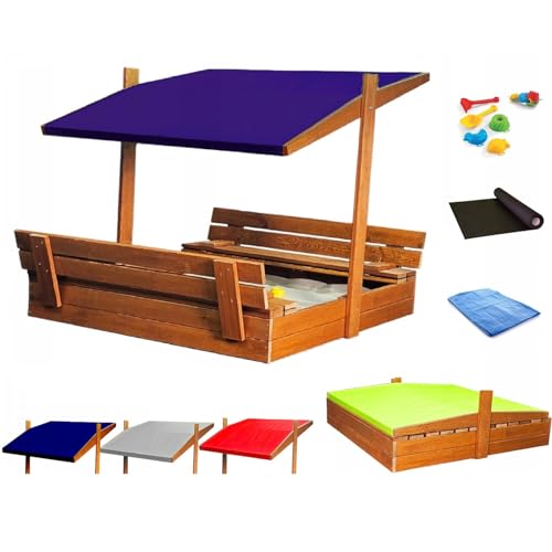 Sandkasten aus Holz mit Sitzbank Dach Abdeckung Imprägniert Sandbox 150 cm (Dunkelblau) von QLS