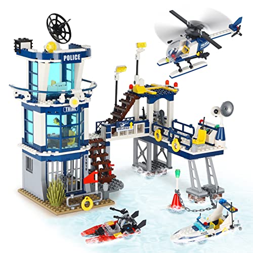 QLT City Polizeistation Polizei Spielzeug,Kompatibel Mit Lego City Polizei Klemmbausteine Bausteine mit Hubschrauber,Schiff,565PCS Geschenk für Jungen Mädchen Alter 6-12 von QLT QIAOLETONG
