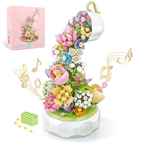 QLT QIAOLETONG Pflanzen Blumen Friends Bauspielzeug Drehbox Musik,Flowers mit LED Licht klemmbausteine Baustein Geschenk für Mädchen 6-12 und Erwachsene Muttertagsgeschenk deko(575PCS) von QLT QIAOLETONG