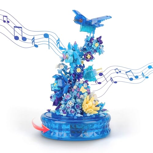 QLT QIAOLETONG Blaue Blumen Vogel Musikbox Bausatz mit LED Licht, Blumen Tiere?Rotierende Spieluhr klemmbausteine Baustein, Deko Geschenk für Mädchen 6-12 und Erwachsene (636+PCS) von QLT QIAOLETONG