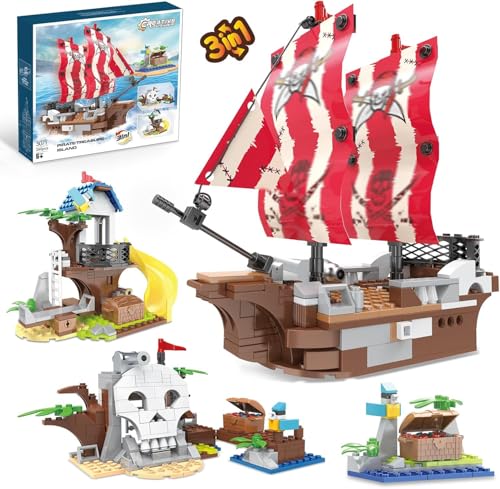 QLT Piratenschiff Bausteinspielzeug Set, 3-in-1 Piratenschiff, Piratenbaumhaus und Schädelinsel, klemmbausteine für Kinder ab 6+ Jahren(260 Pieces) von QLT QIAOLETONG
