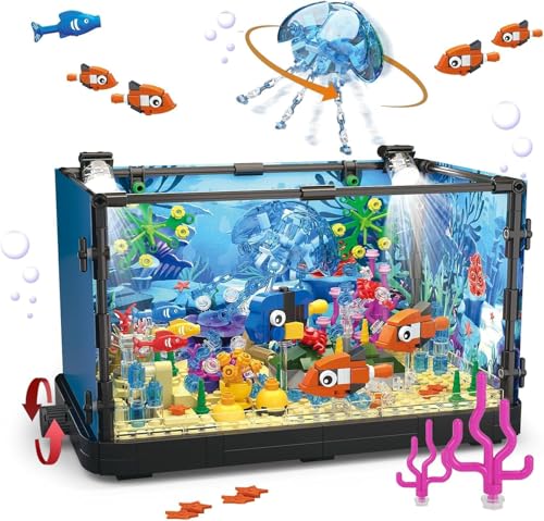 QLT QIAOLETONG Aquarium Fish Tank Ideas Bauspielzeug mit LED LichtAquarium klemmbausteine deko bausteine Geschenk für Erwachsene und Jungen Mädchen ab 8-12 Jahren(725PCS) von QLT QIAOLETONG