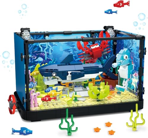 QLT QIAOLETONG Aquarium Hai Fish Tank Ideas Bauspielzeug mit LED Licht, Aquarium klemmbausteine deko bausteine Geschenk für Erwachsene und Jungen Mädchen ab 8-12 Jahren(648PCS) von QLT QIAOLETONG