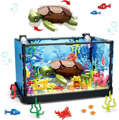 QLT QIAOLETONG Aquarium Turtle Fish Tank Ideas Bauspielzeug mit LED LichtAquarium klemmbausteine deko bausteine Geschenk für Erwachsene und Jungen Mädchen ab 8-12 Jahren(625PCS) von QLT QIAOLETONG
