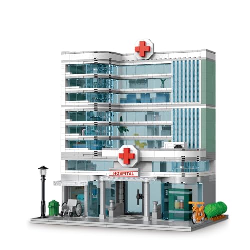 QLT QIAOLETONG Dreistöckiges Stadtkrankenhaus Bausteinen mit Beleuchtung, Miniatur-Stadtgebäude, Geschenk für 8-16 Jungen und Mädchen Klemmbausteine für Erwachsene(1350PCS) von QLT QIAOLETONG