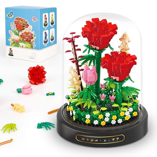 QLT QIAOLETONG Rote Rosen Blumen Micro Mini Baustein Set, Blumen Klemmbausteine mit Staubdichter Kuppel und Sockel, Geschenk für Mädchen ab 6 Jahren und Erwachsene (593 PCS) von QLT QIAOLETONG