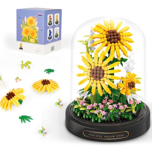 QLT QIAOLETONG Sonnenblume Micro Mini Baustein Set, Blumen Insekten Klemmbausteine mit Staubdichter Kuppel und Sockel, Geschenk für Mädchen ab 6 Jahren und Erwachsene (545 PCS) von QLT QIAOLETONG