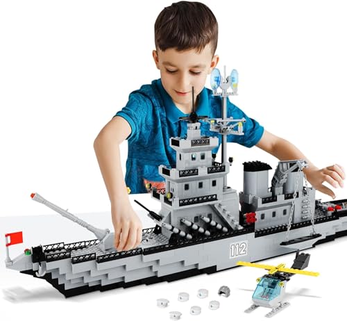 QLT QIAOLETONG WW2 Military Schiff Klemmbausteine Bausteine,City Boot Geschenke für Erwachsene ab 8-18 Jungen Jahren WW2 Großes Cruiser Spielzeug mit Helikopter und Stadtrettungsboot 910PCS von QLT QIAOLETONG
