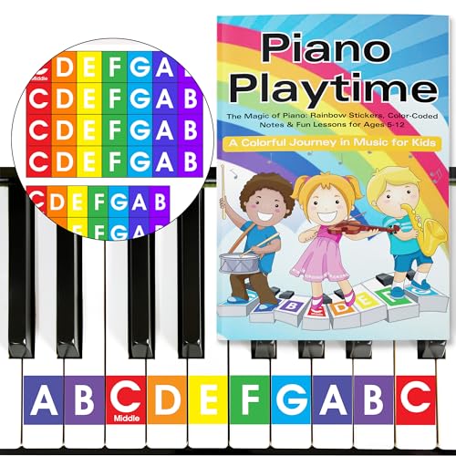 QMG Regenbogenfarbener Klavier- und Keyboard-Aufkleber und Kinder-Klavier-Lernbuch, leicht verständliche Anleitung für Kinder, Anfänger-Klavierbuch für Kinder, einfache Klaviernoten für Kinder von QMG