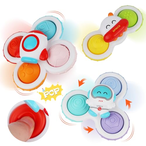 QMLING 3 Stück Saugnapf Spielzeug Baby, Weltraum Sensorik Spielzeug, Baby Spinner mit Saugnapf, Fidget Badespielzeug für Kinder ab 3 Monaten Geschenke von QMLING