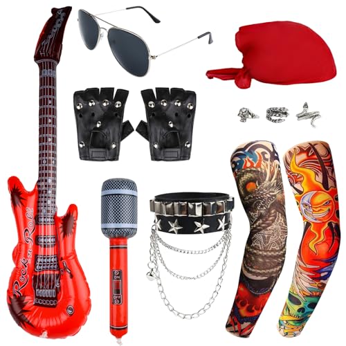 QMLING Rockstar-Kostüm für Kinder und Herren, Punk-Rockstar-Kostüm mit Ringen, Brillen, Handschuhen, Ärmeln, Bandana, Armband, aufblasbares Gitarren-Mikrofon QMLING Rockstar-Kostüm für Kinder und Herren, Punk-Rockstar-Kostüm mit Ringen, Brillen, Handschuhen, Ärmeln, Bandana, Armband, aufblasbares Gitarren-Mikrofon von QMLING