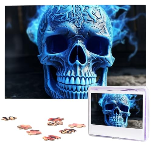 1000-teiliges Puzzle für Erwachsene, herausforderndes Puzzle für Spieleabende, Holzpuzzle, 3D-Druck, blauer Totenkopf, personalisierbar, Holzpuzzle für Familie, Bilderpuzzle, fertige Größe 74,9 x 50 von QMNKLET