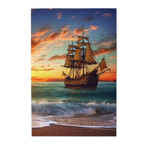 1000-teiliges Puzzle für Erwachsene, herausforderndes Puzzle für Spieleabende, Holzpuzzle, Piratenschiff im Sonnenuntergang, personalisiertes Holzpuzzle für Familie, Bilderpuzzle, fertige Größe 74,9 x 1000-teiliges Puzzle für Erwachsene, herausforderndes Puzzle für Spieleabende, Holzpuzzle, Piratenschiff im Sonnenuntergang, personalisiertes Holzpuzzle für Familie, Bilderpuzzle, fertige Größe 74,9 x von QMNKLET
