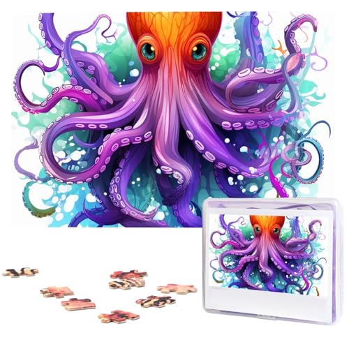 1000-teiliges Puzzle für Erwachsene, herausforderndes Puzzle für Spieleabende, Holzpuzzle, farbenfroher Oktopus, personalisierbar, Holzpuzzle für Familie, Bilderpuzzle, fertige Größe 74,9 x 50 cm von QMNKLET