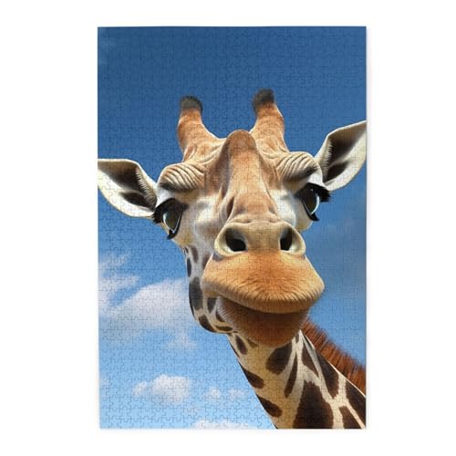 1000-teiliges Puzzle für Erwachsene, herausforderndes Puzzle für Spieleabende, Holzpuzzle, lustige Giraffe, personalisiertes Holzpuzzle für Familie, Bilderpuzzle, fertige Größe 74,9 x 50 cm von QMNKLET