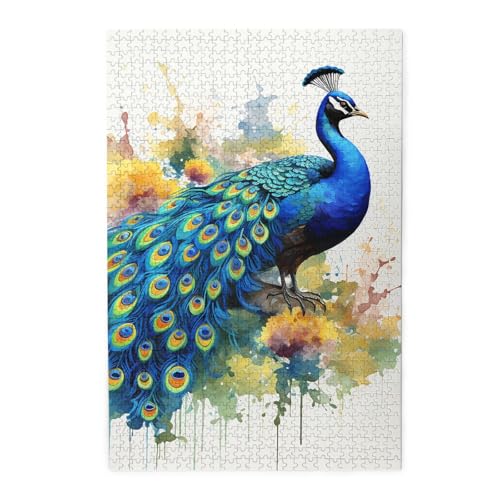 1000-teiliges Puzzle für Erwachsene, herausforderndes Puzzle für Spieleabende, Holzpuzzle Pfau, Aquarellmalerei, personalisiertes Holzpuzzle für Familie, Bilderpuzzle, fertige Größe 74,9 x 50 cm von QMNKLET
