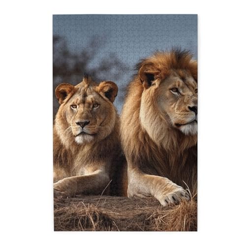 1000-teiliges Puzzle für Erwachsene, herausforderndes Puzzle für Spieleabende, Holzpuzzle mit zwei Löwen, personalisierbares Holzpuzzle für Familie, Bilderpuzzle, fertige Größe 74,9 x 50 cm von QMNKLET