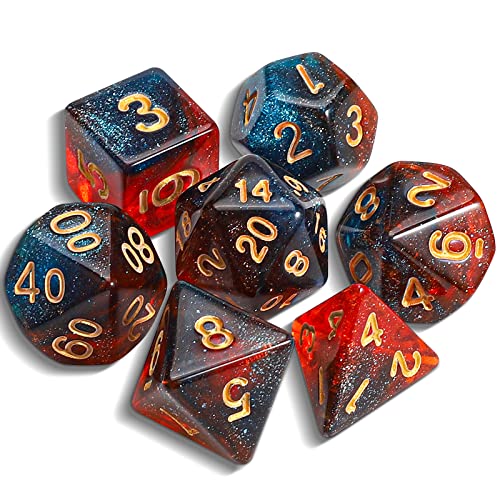 QMAY DND Dice Polyedrisches Würfel Set - 7 Stück für Dungeon und Dragons MTG RPG D&D D20, D12, D10, D%, D8, D6, D4 (Blau gemischtes Rot + Glitzer) von QMay