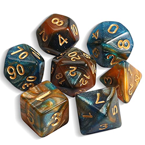 QMAY DND Dice Polyedrisches Würfel Set - 7 Stück für Dungeon und Dragons MTG RPG D&D D20, D12, D10, D%, D8, D6, D4 (Blau und Braun + Glitter) von QMay