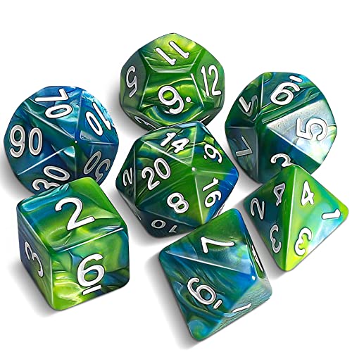 QMAY DND Dice Polyedrisches Würfel Set - 7 Stück für Dungeon und Dragons MTG RPG D&D D20, D12, D10, D%, D8, D6, D4 (Blau und Grün) von QMay