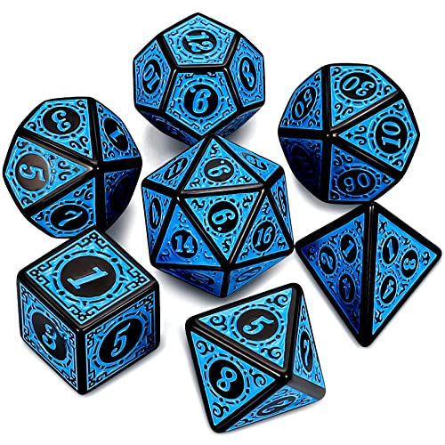 QMAY DND Dice Polyedrisches Würfel Set - 7 Stück für Dungeon und Dragons MTG RPG D&D D20, D12, D10, D%, D8, D6, D4 (Blaue Gravurmuster) von QMay
