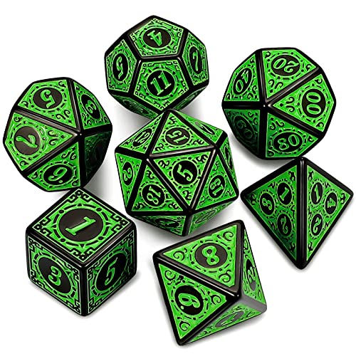 QMAY DND Dice Polyedrisches Würfel Set - 7 Stück für Dungeon und Dragons MTG RPG D&D D20, D12, D10, D%, D8, D6, D4 (Grüne Gravurmuster) von QMay