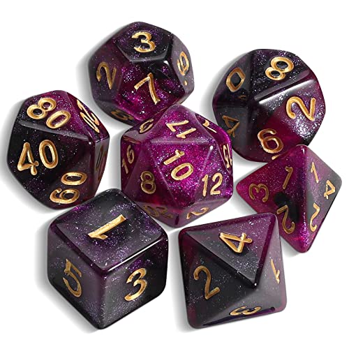 QMAY DND Dice Polyedrisches Würfel Set - 7 Stück für Dungeon und Dragons MTG RPG D&D D20, D12, D10, D%, D8, D6, D4 (Lila gemischtes Schwarzes + Glitter) von QMay