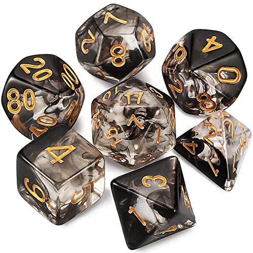 QMAY DND Dice Polyedrisches Würfel Set - 7 Stück für Dungeon und Dragons MTG RPG D&D D20, D12, D10, D%, D8, D6, D4 (Schwarze schwimmende Seide transparent) von QMay