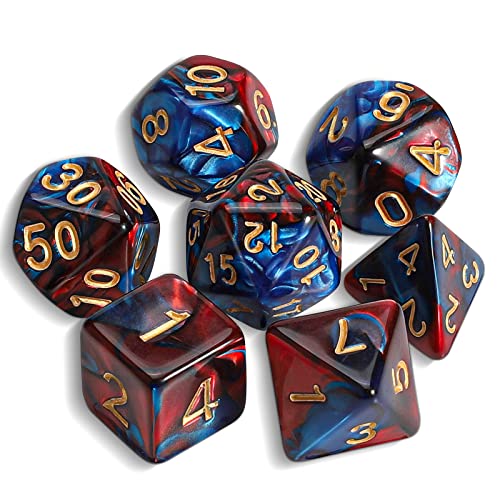 QMAY DND Dice Polyedrisches Würfel Set - 7 Stück für Dungeon und Dragons MTG RPG D&D D20, D12, D10, D%, D8, D6, D4 (blau gemischt rot) von QMay