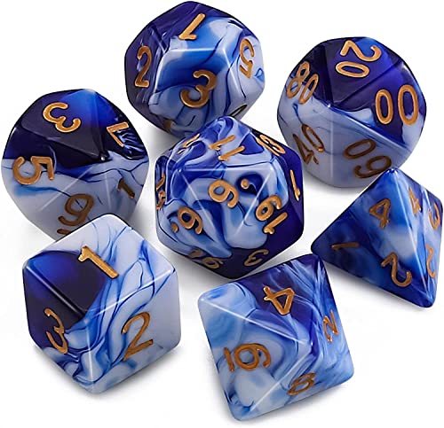QMAY DND Dice Polyhedral Dice Set - 7 Pieces for Dungeon and Dragons MTG RPG D&D D20, D12, D10, D%, D8, D6, D4 (Blau mit Weiß) von QMay