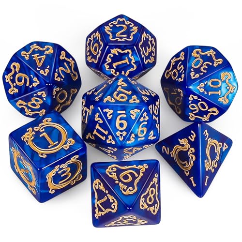 QMAY DND Dice Polyhedral Dice Set - 7 Pieces for Dungeon and Dragons MTG RPG D&D D20, D12, D10, D%, D8, D6, D4 (Blaue Drachenmuster) von QMay