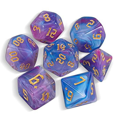 QMAY DND Dice Polyhedral Dice Set - 7 Pieces for Dungeon and Dragons MTG RPG D&D D20, D12, D10, D%, D8, D6, D4 (Blaue und Violette schwebende Seide) von QMay