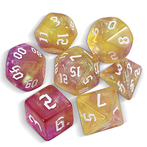 QMAY DND Dice Polyhedral Dice Set - 7 Pieces for Dungeon and Dragons MTG RPG D&D D20, D12, D10, D%, D8, D6, D4 (Gelb gemischt mit Lila + Glitter) von QMay