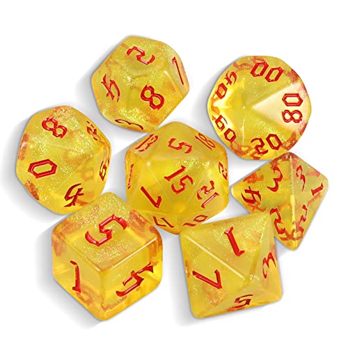 QMAY DND Dice Polyhedral Dice Set - 7 Pieces for Dungeon and Dragons MTG RPG D&D D20, D12, D10, D%, D8, D6, D4 (Gelb transluzent + Glitter) von QMay