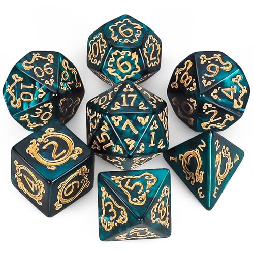 QMAY DND Dice Polyhedral Dice Set - 7 Pieces for Dungeon and Dragons MTG RPG D&D D20, D12, D10, D%, D8, D6, D4 (Grün Drachenmuster) von QMay